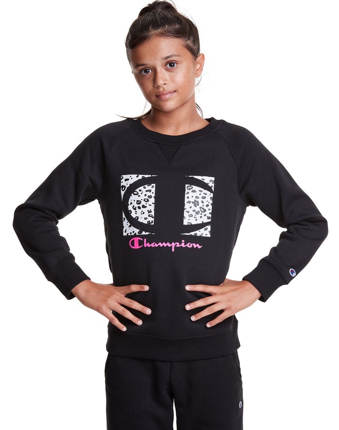 Champion Hoodie Meisjes - Zwart - Fleece Raglan Crew Leopard Knockout Logo ( 124058-ORJ )